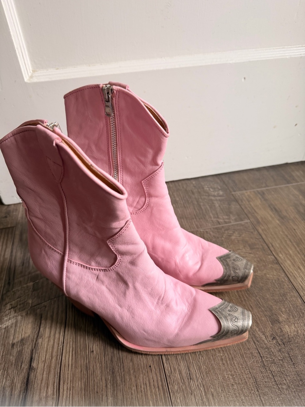 Free People Pink Leather Western Zip Ankle Boots with Metallic Toe